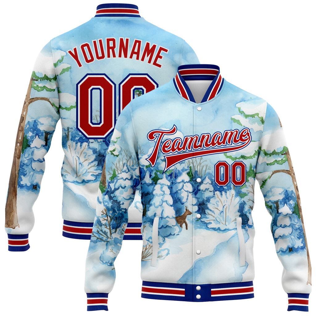 Custom Light Blue Red-Royal Watercolor Winter Landscape With Snowy Trees 3D Pattern Design Bomber Full-Snap Varsity Letterman Jacket