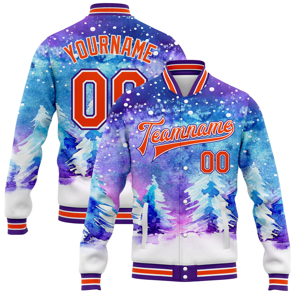 Custom Purple Orange-White Watercolor Winter Landscape With Snowy Trees 3D Pattern Design Bomber Full-Snap Varsity Letterman Jacket