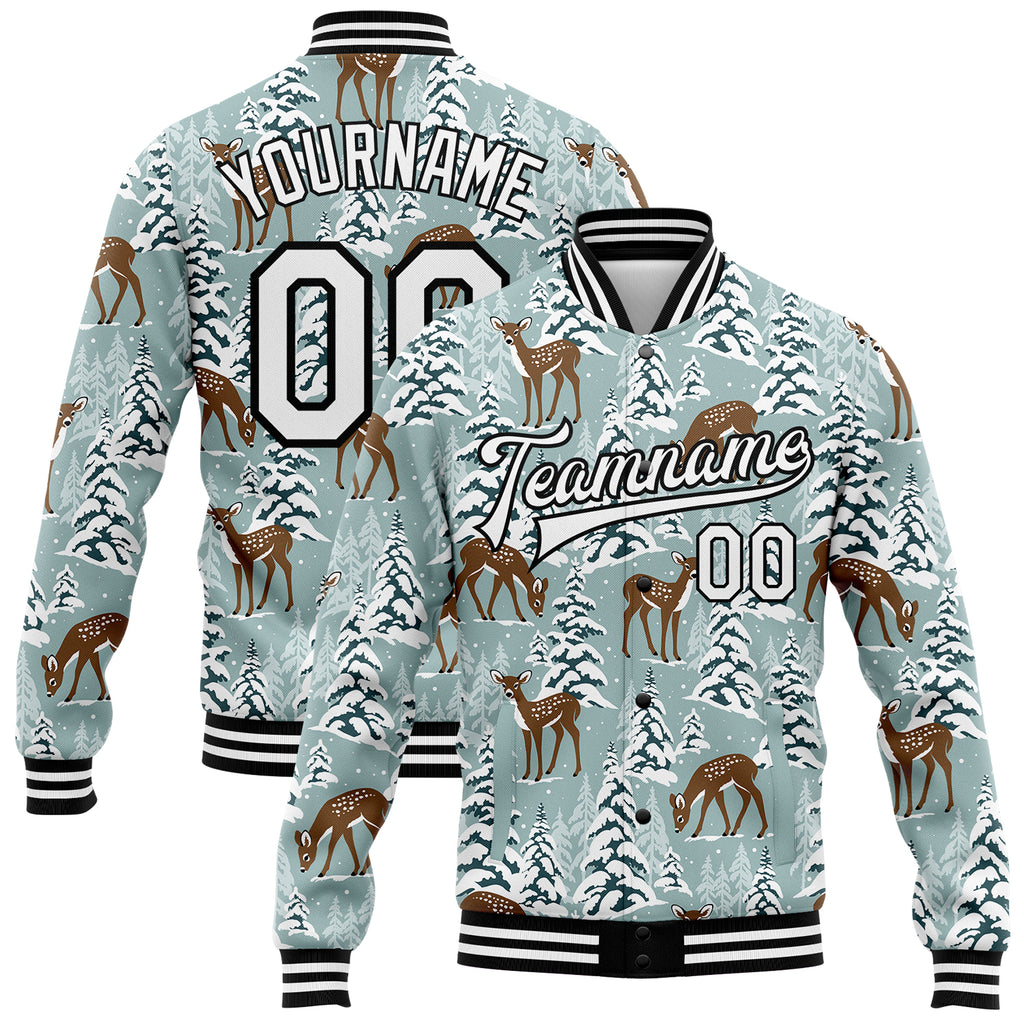 Custom Teal Black-White Winter Snowy Landscape With Deer 3D Pattern Design Bomber Full-Snap Varsity Letterman Jacket