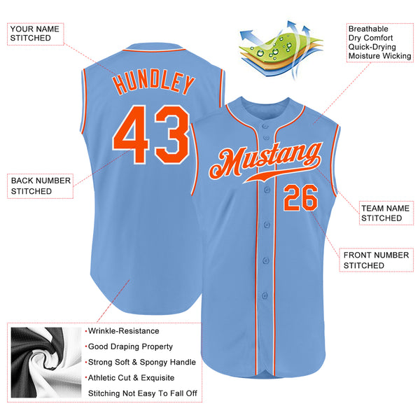 Custom Light Blue Orange-White Authentic Sleeveless Baseball Jersey