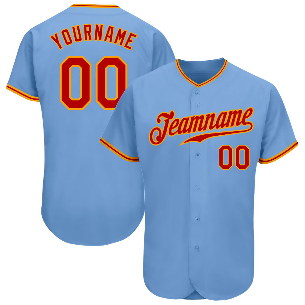 Custom Light Blue Red-Gold Authentic Baseball Jersey