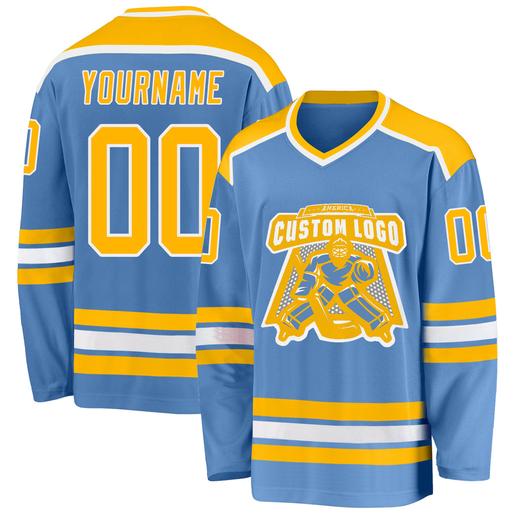 Custom Light Blue Gold-White Hockey Jersey