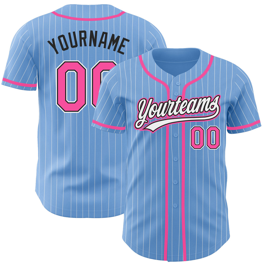 Custom Light Blue White Pinstripe Pink-Black Authentic Baseball Jersey