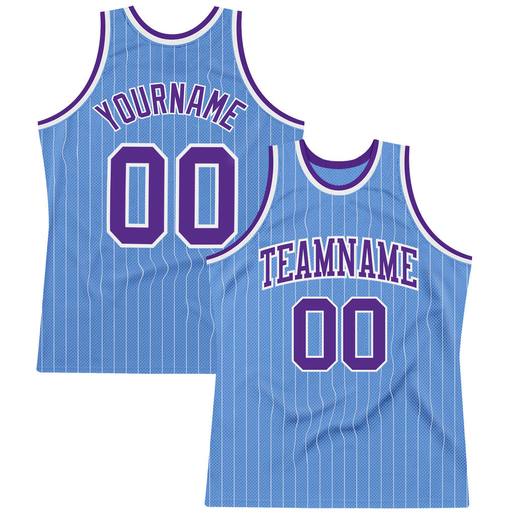 Custom Light Blue White Pinstripe Purple Authentic Basketball Jersey