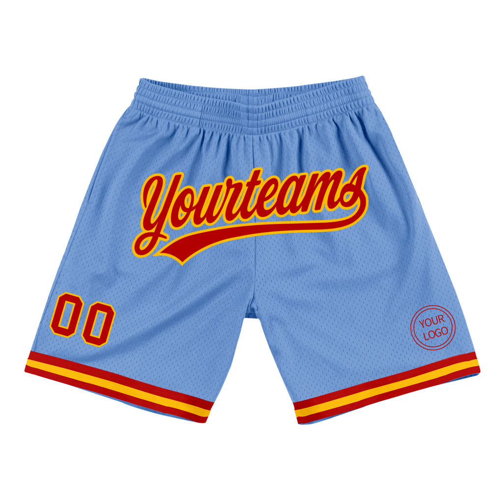 Custom Light Blue Red-Gold Authentic Throwback Basketball Shorts