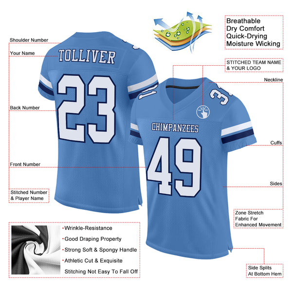 Custom Light Blue White-Navy Mesh Authentic Football Jersey