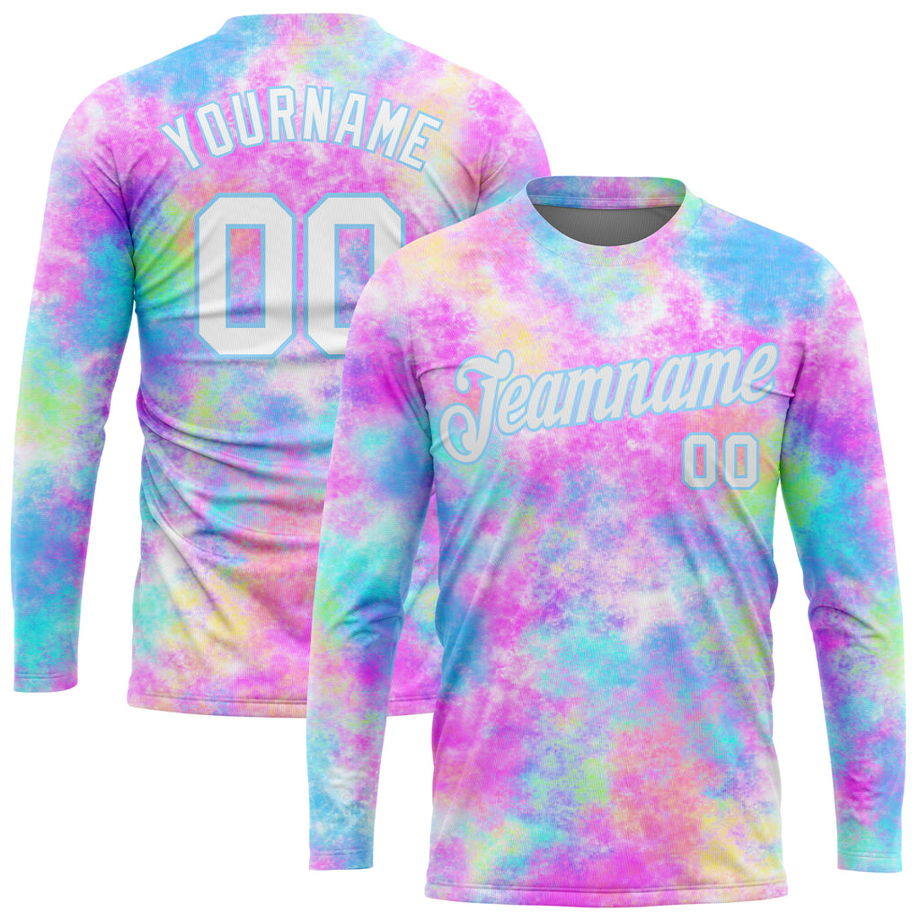 Custom Tie Dye White-Light Blue Watercolor Gradient 3D Long Sleeve Performance T-Shirt