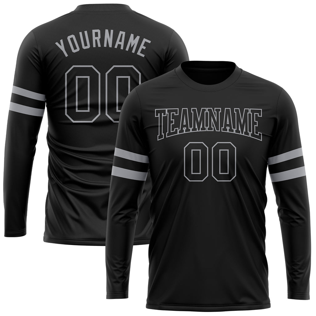 Custom Black Black-Gray Long Sleeve Performance T-Shirt