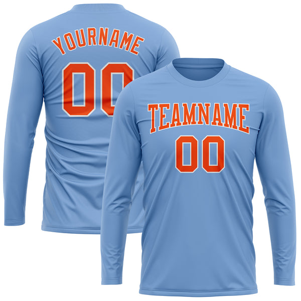 Custom Light Blue Orange-White Long Sleeve Performance T-Shirt