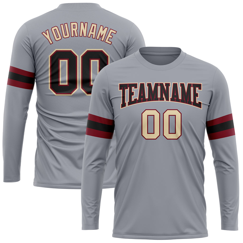 Custom Gray Black Crimson-Cream Long Sleeve Performance T-Shirt