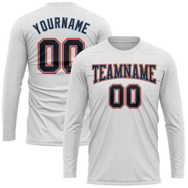 Custom White Black Powder Blue-Orange Long Sleeve Performance T-Shirt