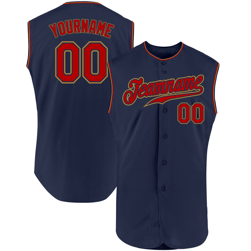 Custom Navy Red-Old Gold Authentic Sleeveless Baseball Jersey