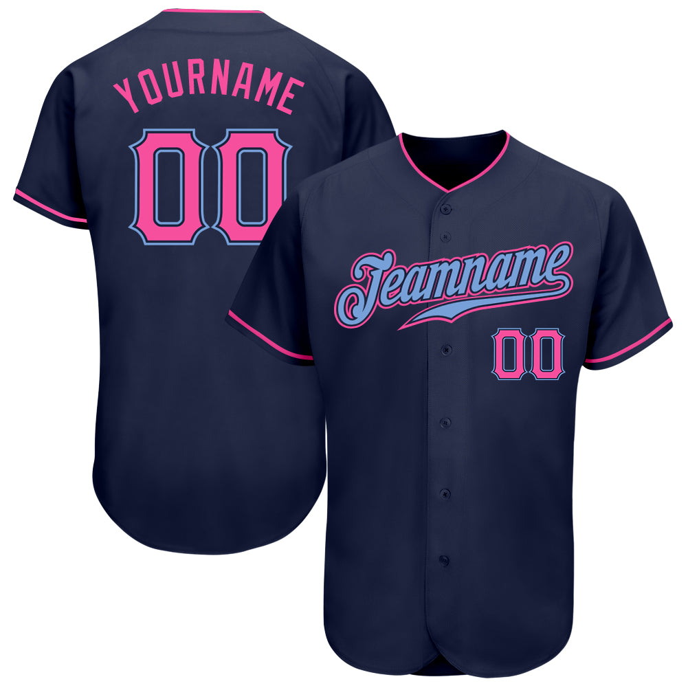 Custom Navy Pink-Light Blue Authentic Baseball Jersey