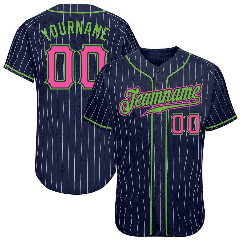 Custom Navy White Pinstripe Pink-Neon Green Authentic Baseball Jersey