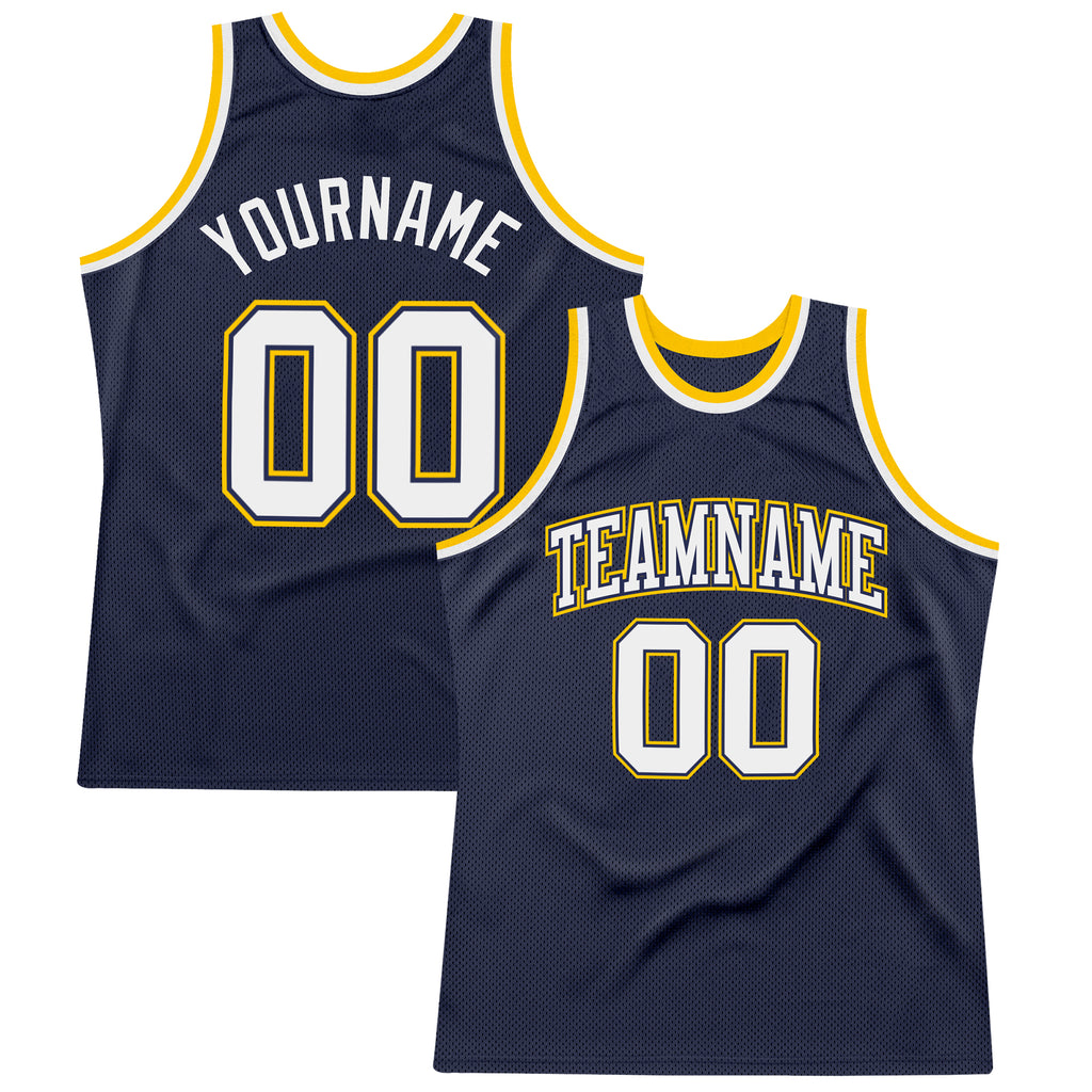 Custom Navy White-Gold Authentic Throwback Basketball Jersey