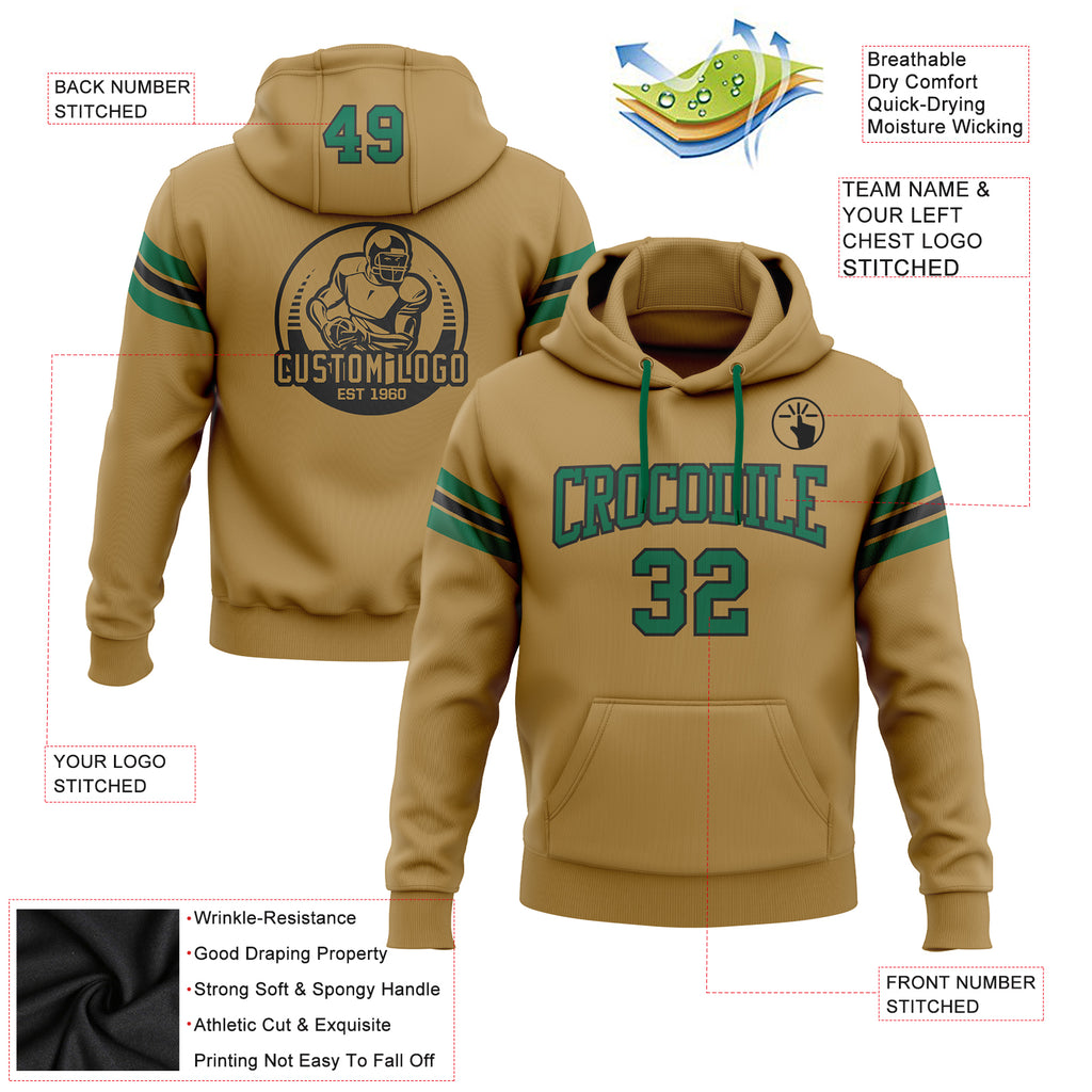Custom Stitched Old Gold Kelly Green-Black Football Pullover