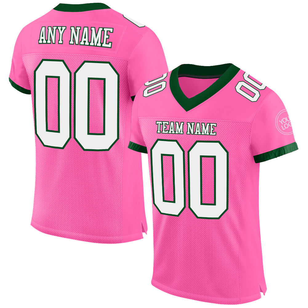 Custom Pink White-Green Mesh Authentic Football Jersey