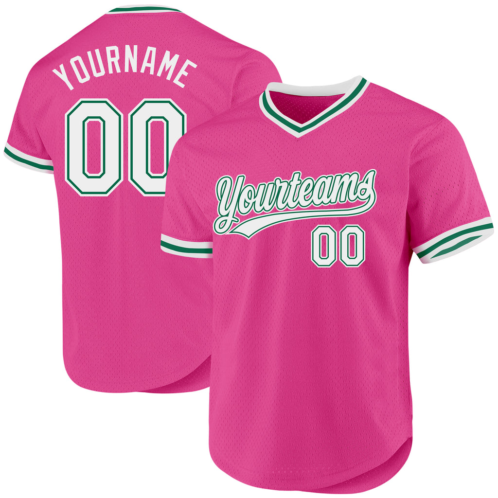 Custom Pink White-Kelly Green Authentic Throwback Baseball Jersey