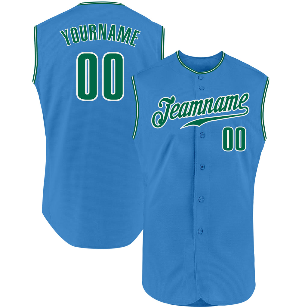 Custom Powder Blue Kelly Green-White Authentic Sleeveless Baseball Jersey