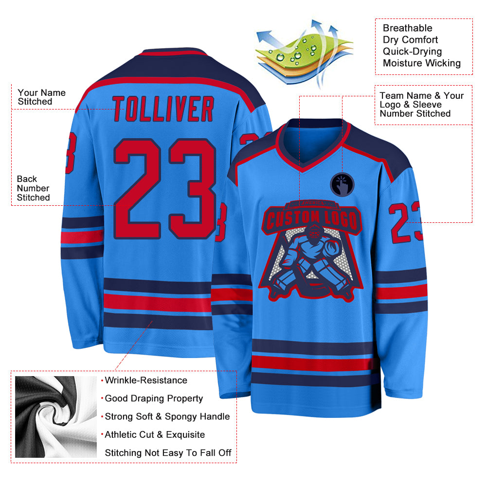 Custom Powder Blue Red-Navy Hockey Jersey Free Shipping – Fiitg