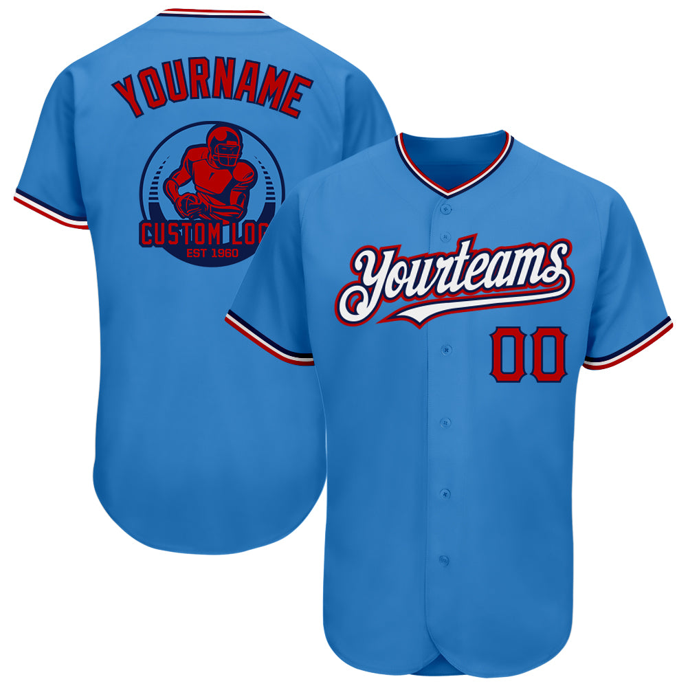 Custom Powder Blue Red Pinstripe Red-Gold Authentic Baseball Jersey Discount