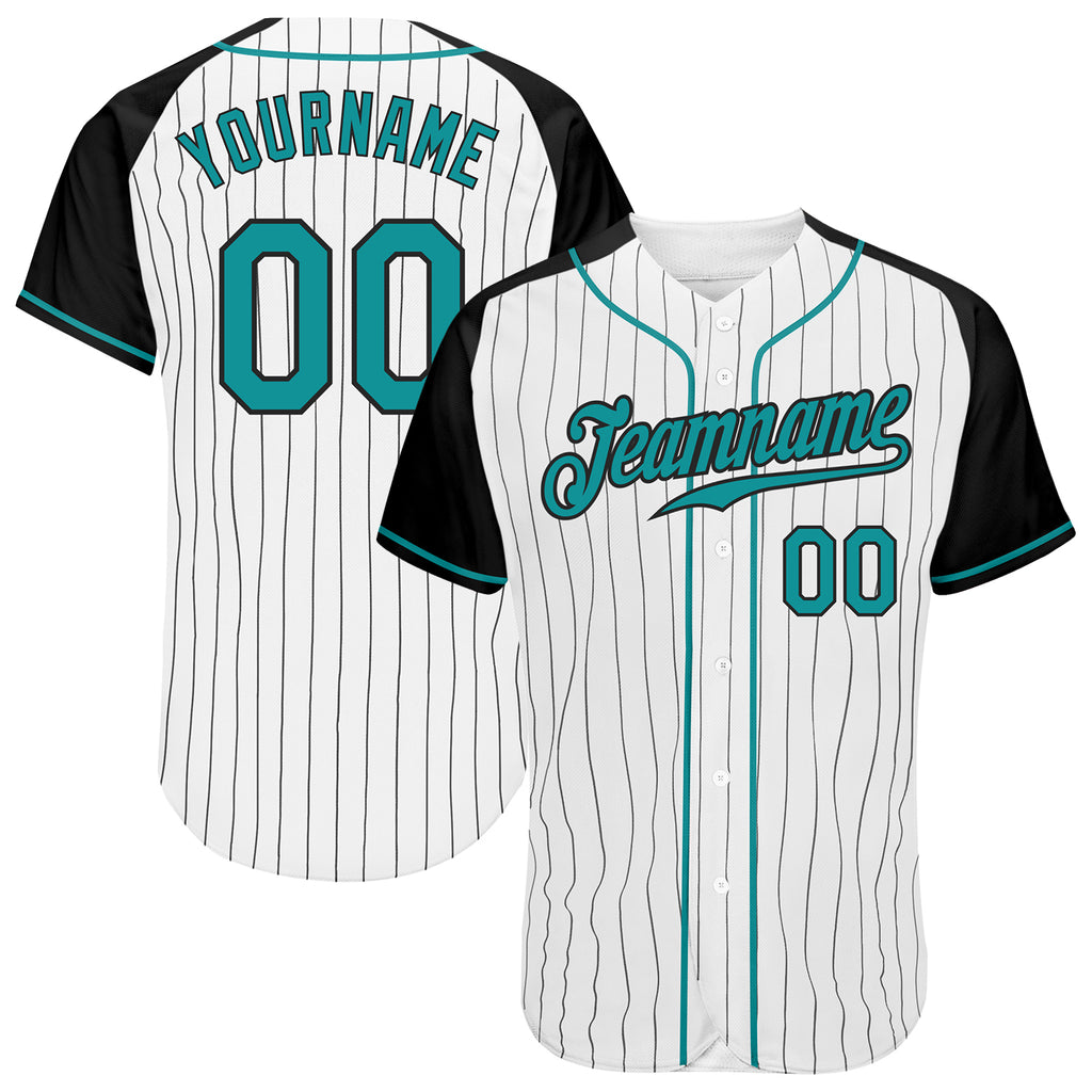 Custom White Black Pinstripe Teal-Black Authentic Raglan Sleeves Baseball Jersey