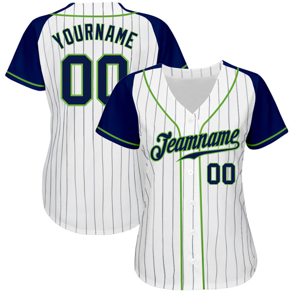 Custom White Navy Pinstripe Navy-Neon Green Authentic Raglan Sleeves Baseball Jersey