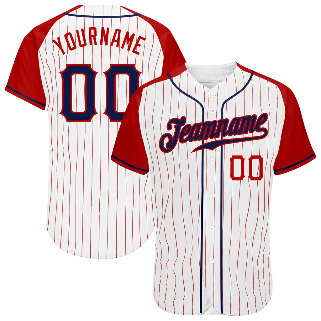 Custom White Red Pinstripe Navy-Red Authentic Raglan Sleeves Baseball Jersey