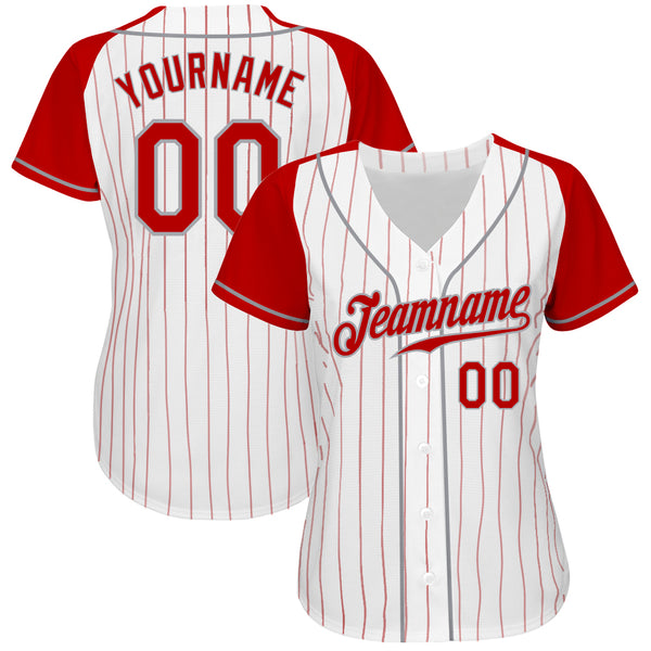 Custom White Red Pinstripe Red-Gray Authentic Raglan Sleeves Baseball Jersey