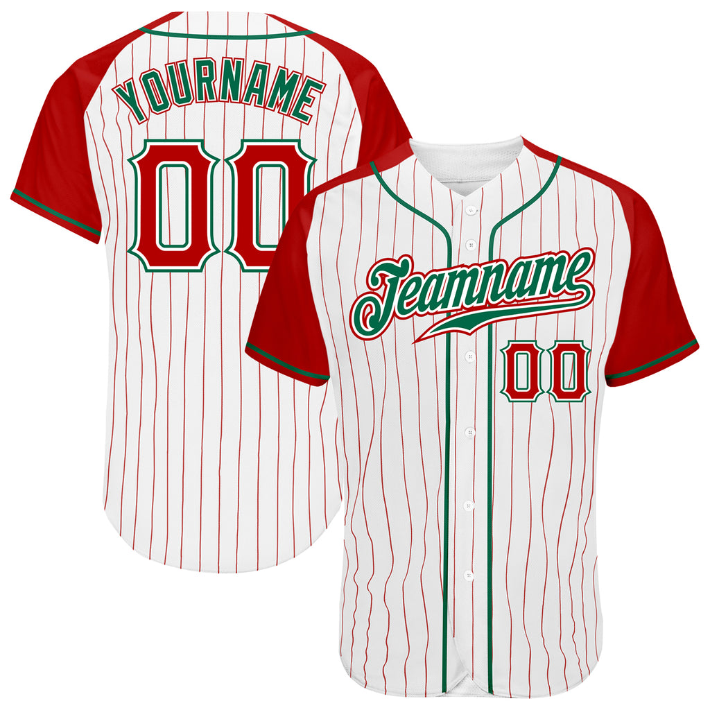 Custom White Red Pinstripe Red-Kelly Green Authentic Raglan Sleeves Baseball Jersey