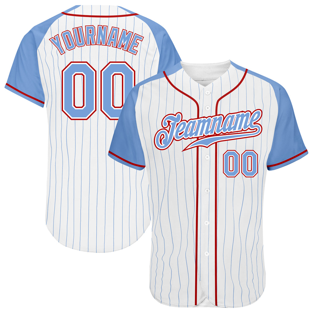 Custom White Light Blue Pinstripe Light Blue-Red Authentic Raglan Sleeves Baseball Jersey