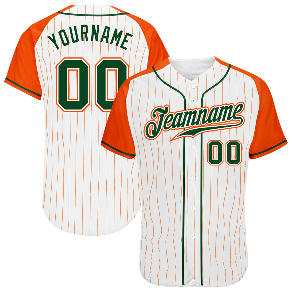 Custom White Orange Pinstripe Green-Orange Authentic Raglan Sleeves Baseball Jersey