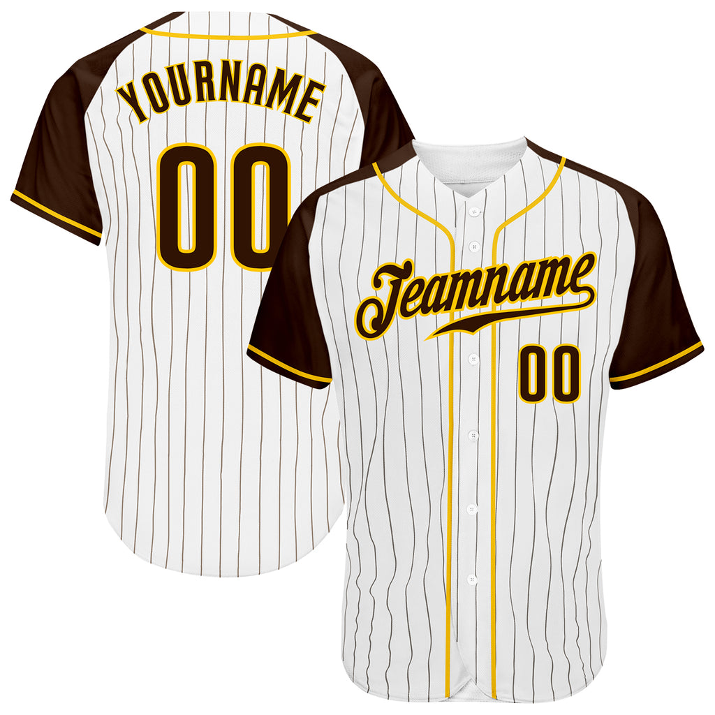 Cheap Custom White Brown Pinstripe Brown-Gold Authentic Baseball