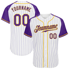 Custom White Purple Pinstripe Purple-Gold Authentic Baseball Jersey Youth Size:L