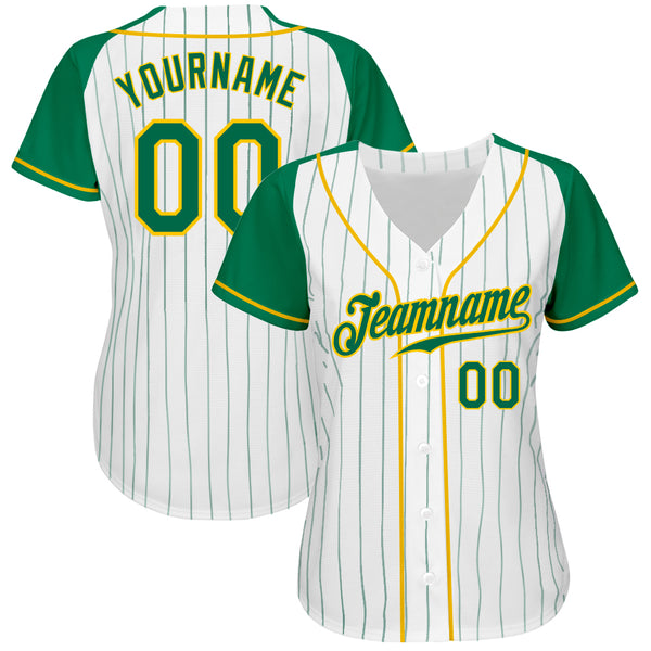 Custom White Kelly Green Pinstripe Kelly Green-Gold Authentic Raglan Sleeves Baseball Jersey