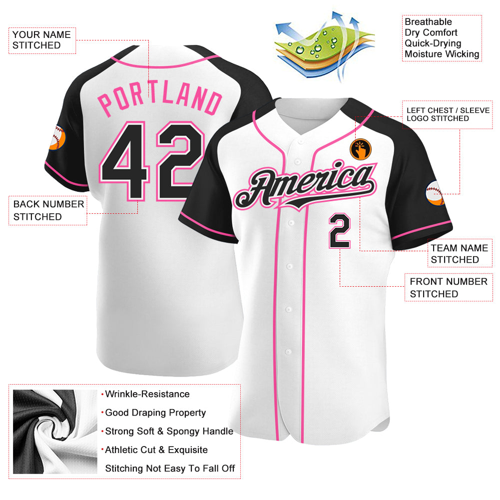 Custom White Black-Pink Authentic Raglan Sleeves Baseball Jersey Free ...