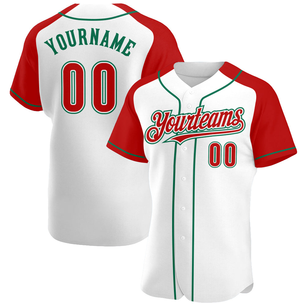 Custom White Red-Kelly Green Authentic Raglan Sleeves Baseball Jersey