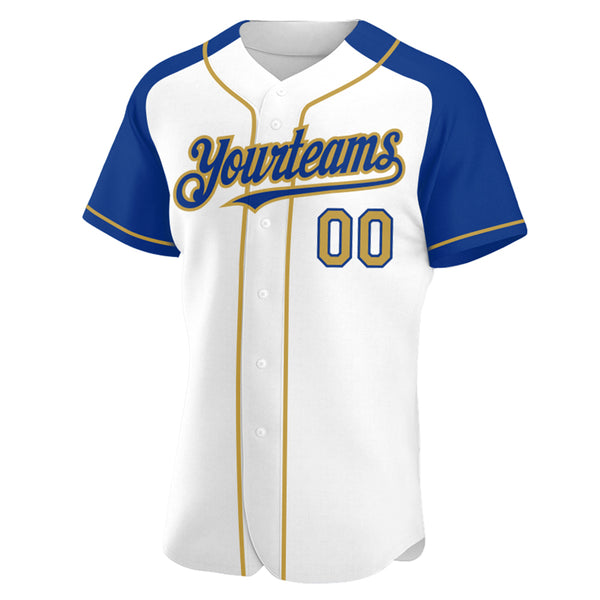 Custom White Old Gold-Royal Authentic Raglan Sleeves Baseball Jersey