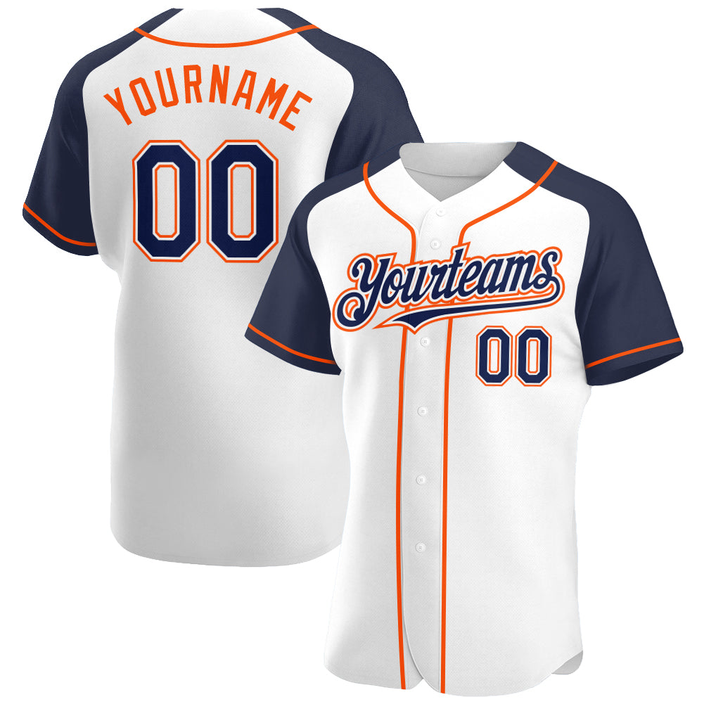 Custom White Navy-Orange Authentic Raglan Sleeves Baseball Jersey