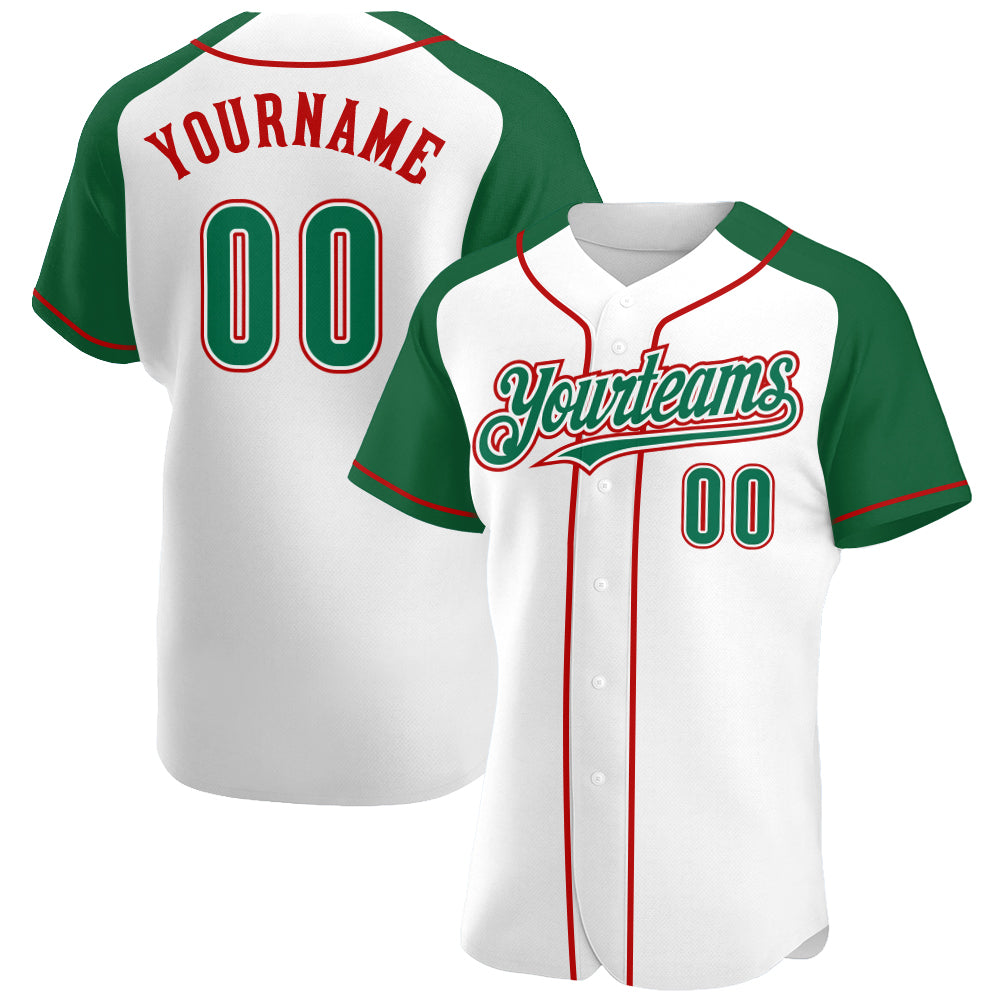 Custom White Kelly Green-Red Authentic Raglan Sleeves Baseball Jersey