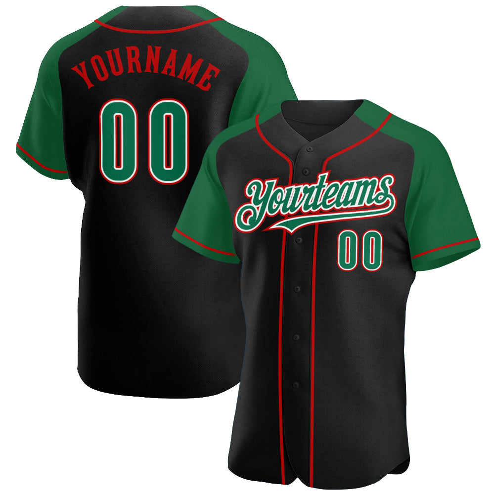 Custom Black Kelly Green-Red Authentic Raglan Sleeves Baseball Jersey