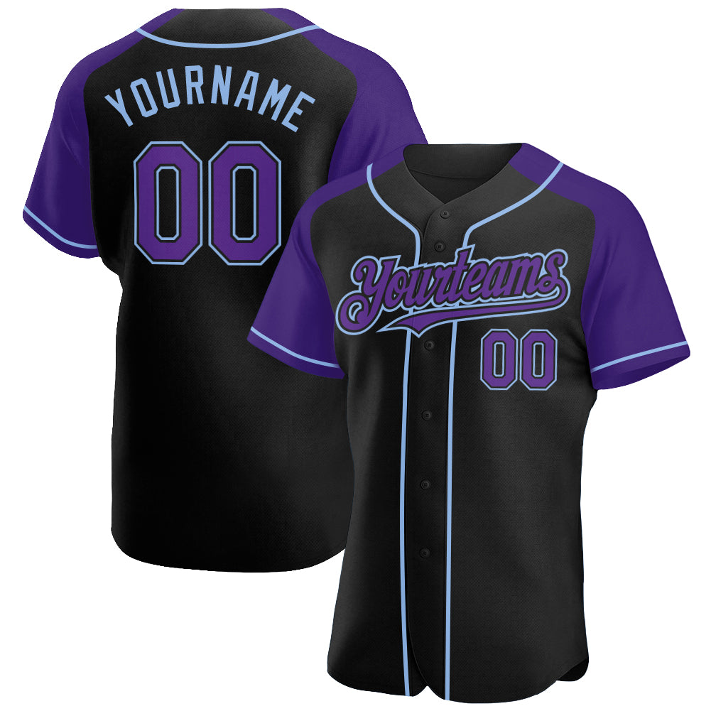 Custom Black Purple-Light Blue Authentic Raglan Sleeves Baseball Jersey