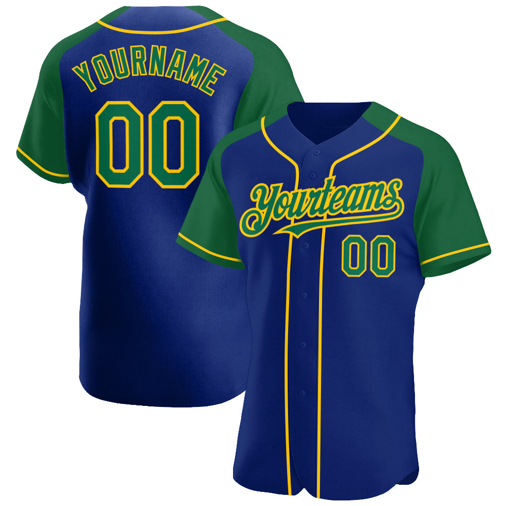 Custom Royal Kelly Green-Yellow Authentic Raglan Sleeves Baseball Jersey