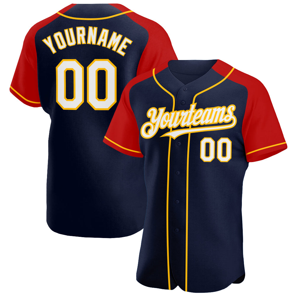 Custom Navy White Red-Gold Authentic Raglan Sleeves Baseball Jersey