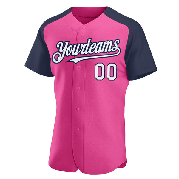 Custom Pink White-Navy Authentic Raglan Sleeves Baseball Jersey