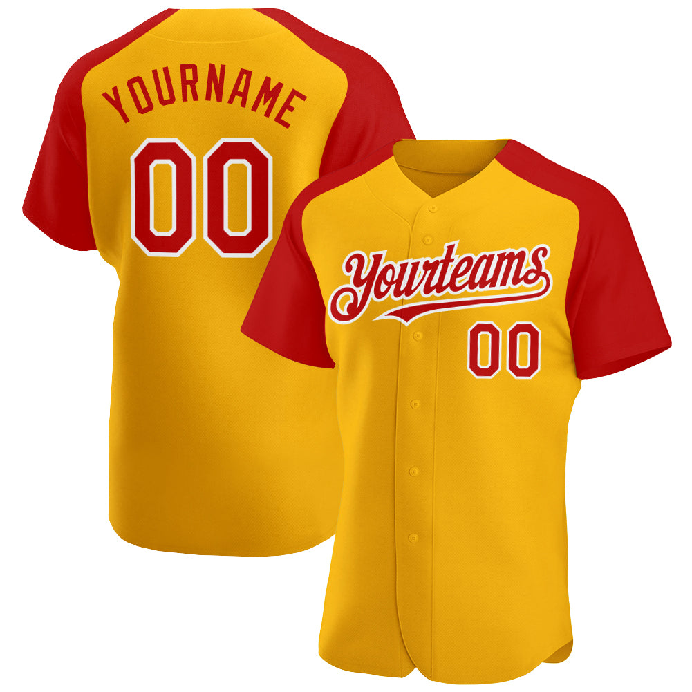 Custom Gold Red-White Authentic Raglan Sleeves Baseball Jersey