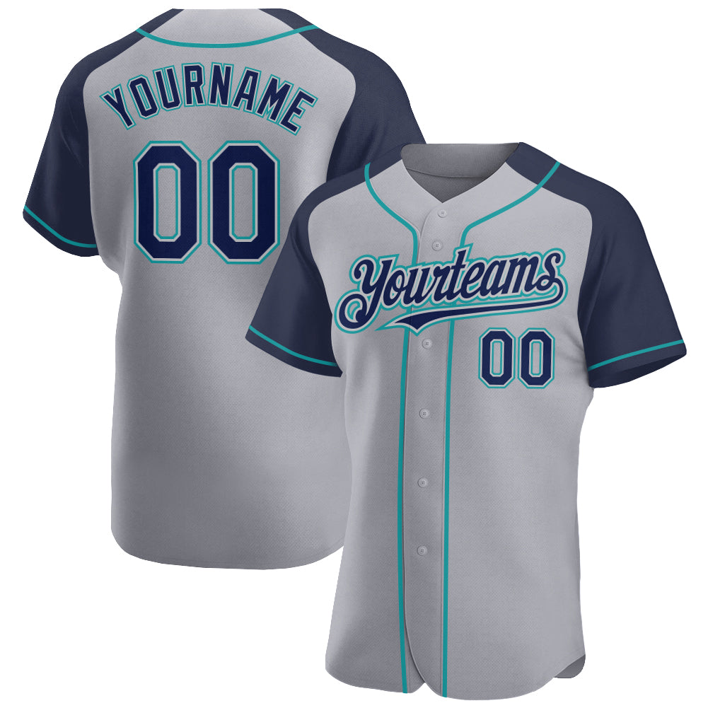 Custom Gray Navy-Teal Authentic Raglan Sleeves Baseball Jersey