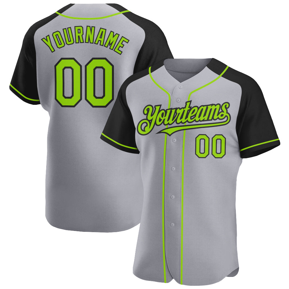 Custom Gray Neon Green-Black Authentic Raglan Sleeves Baseball Jersey