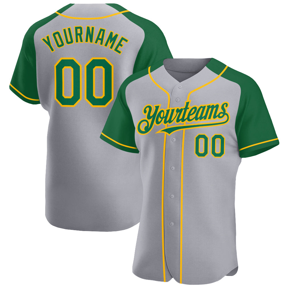 Custom Gray Kelly Green-Gold Authentic Raglan Sleeves Baseball Jersey