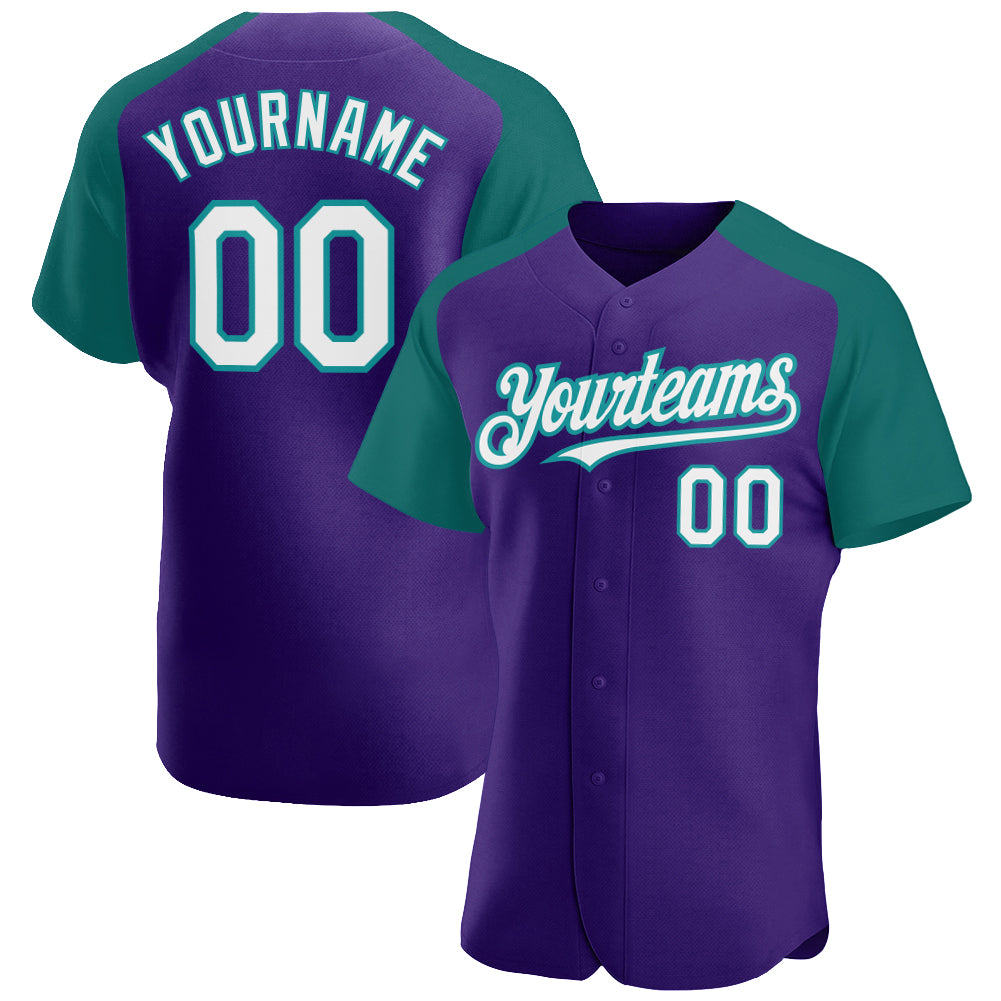 Custom Purple White-Teal Authentic Raglan Sleeves Baseball Jersey